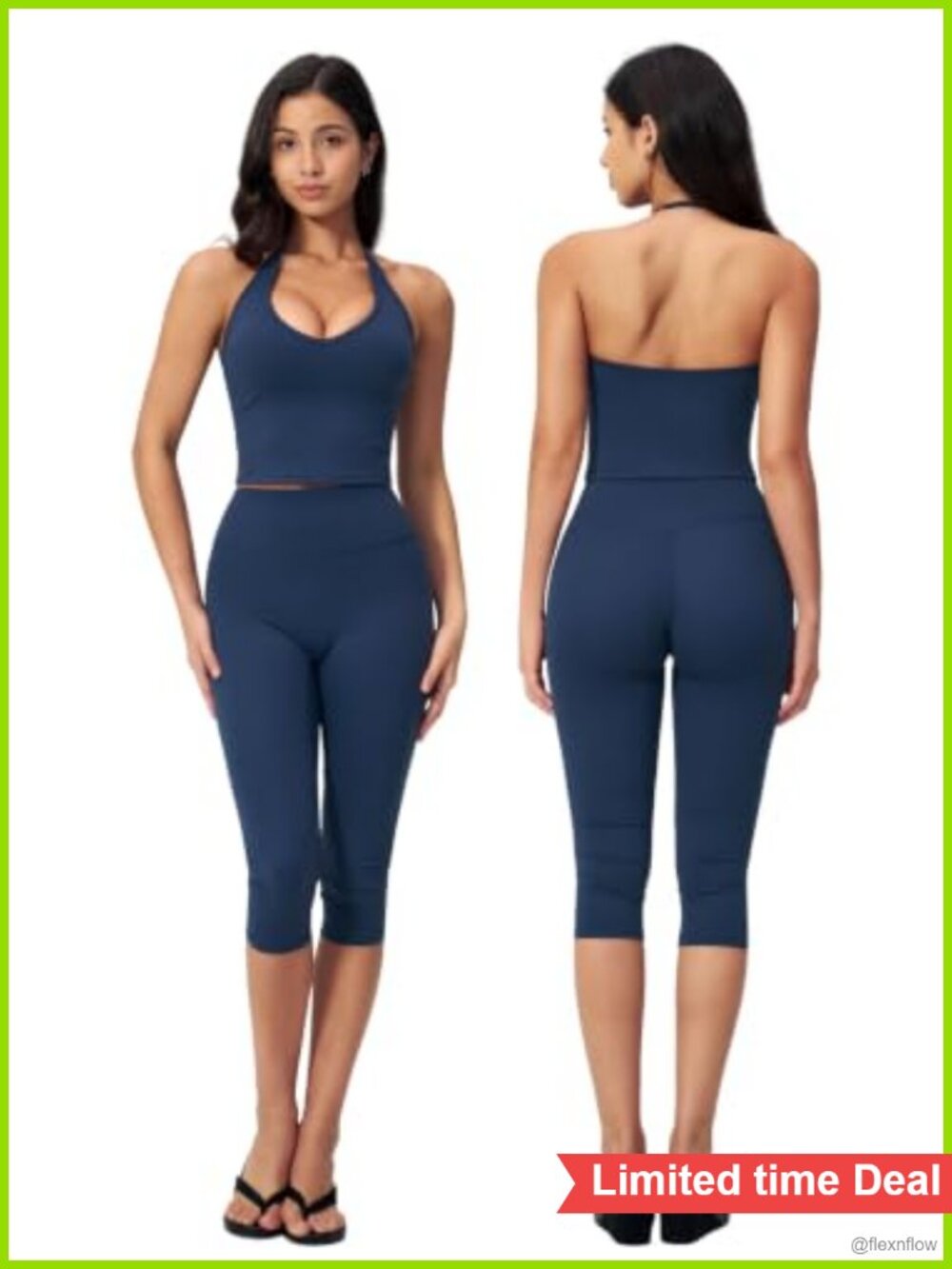 Two Piece Workout Set V Neck Halter Top High Waist Capri Pants